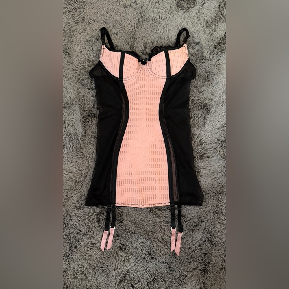 Shirley of Hollywood Pinstripe Corset Dress Size 34 Black & Pink Lingerie Set - Picture 11 of 16